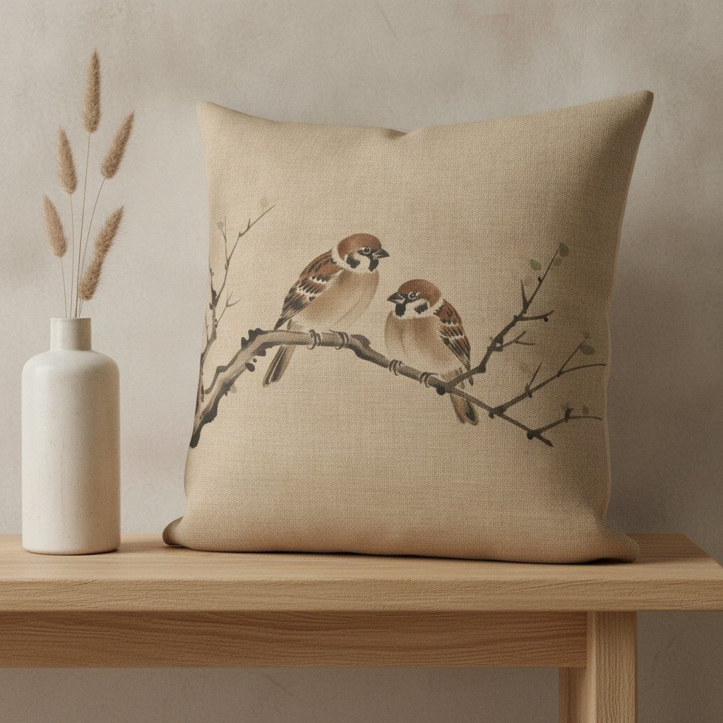 Sparrows Cushion, Natural Linen — styled 2