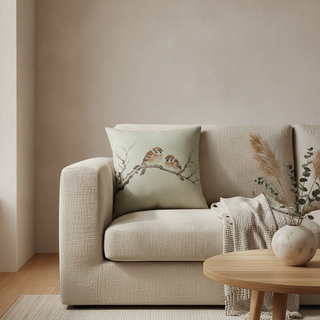 Sparrows Cushion, Soft Sage — styled 1