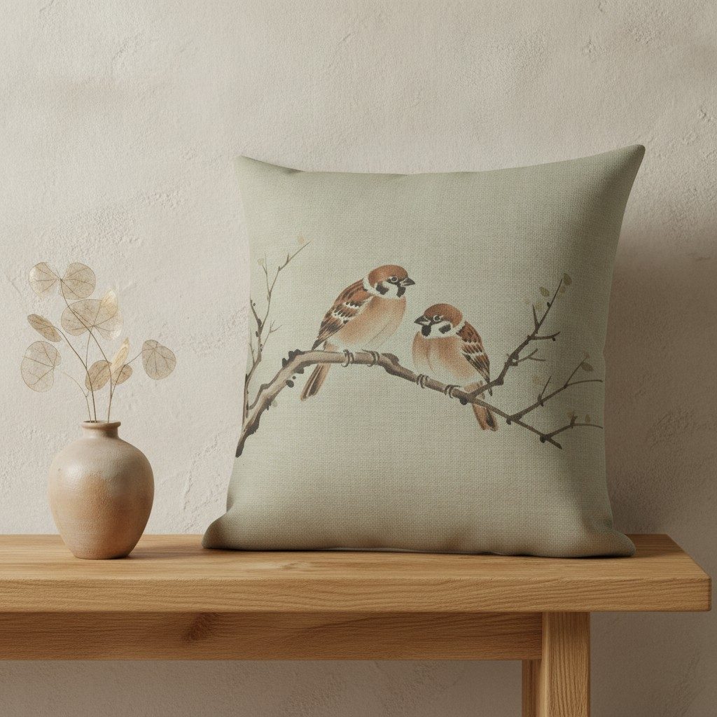 Sparrows Cushion, Soft Sage — styled 2