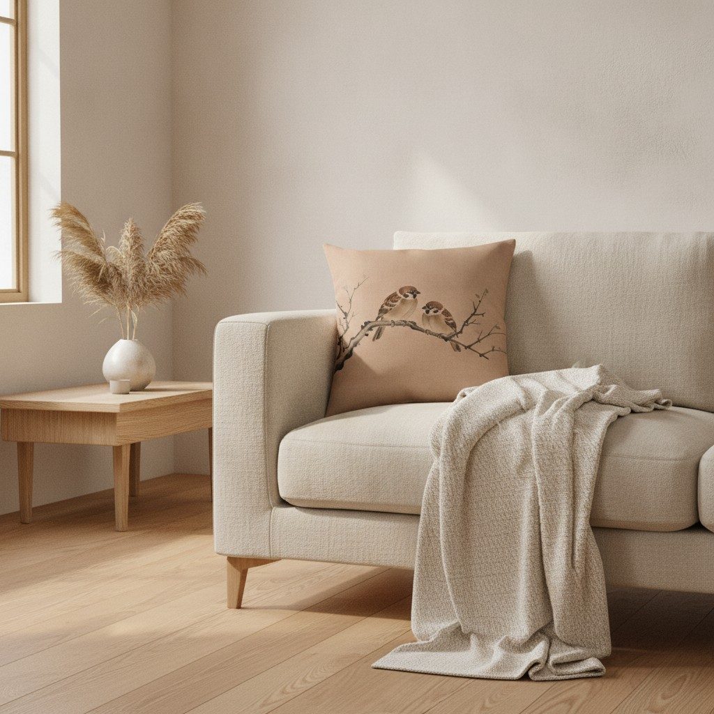 Sparrows Cushion, Warm Clay — styled 1