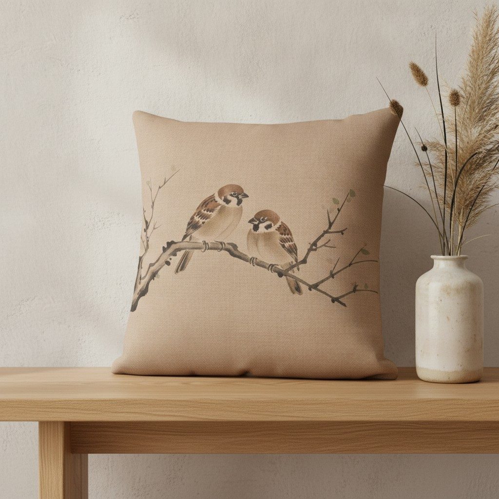 Sparrows Cushion, Warm Clay — styled 2