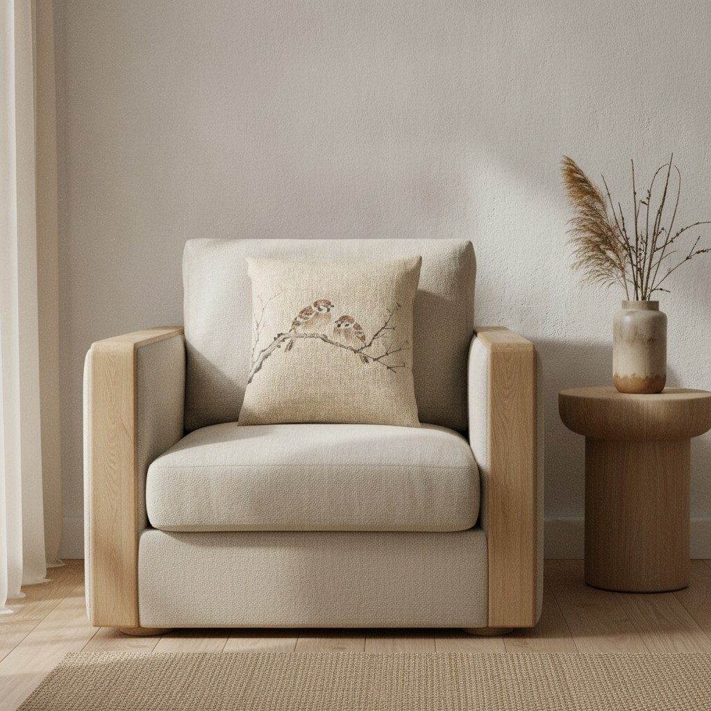 Sparrows Woven Cushion, Natural Linen — styled 1