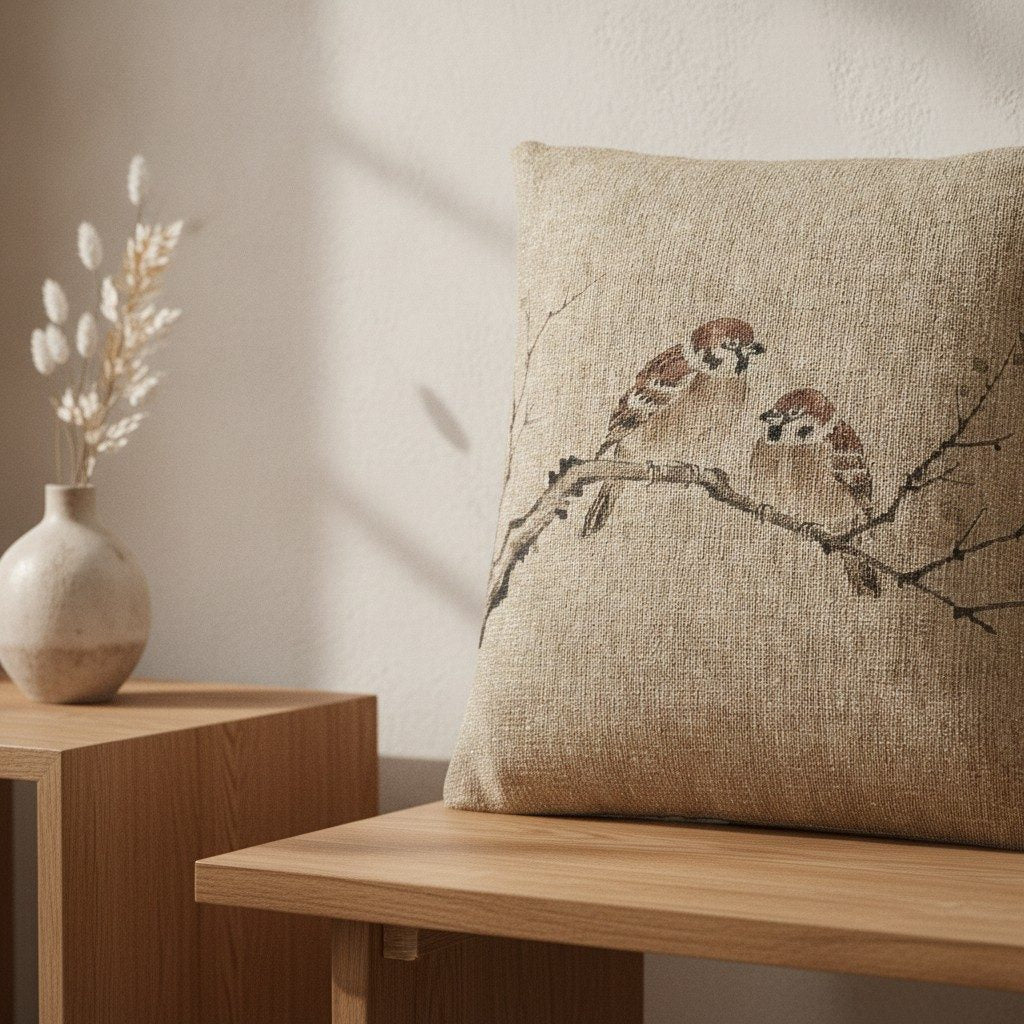 Sparrows Woven Cushion, Natural Linen — styled 2