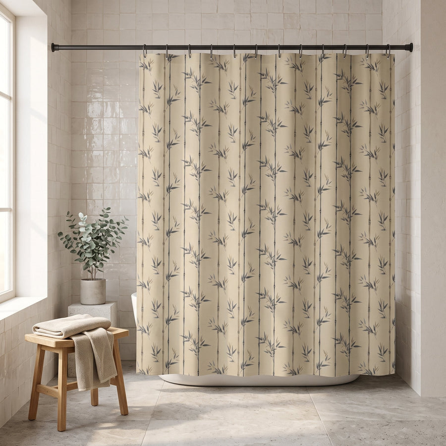 Sumi Shower Curtain — Calm & Oak, styled in a Japandi room