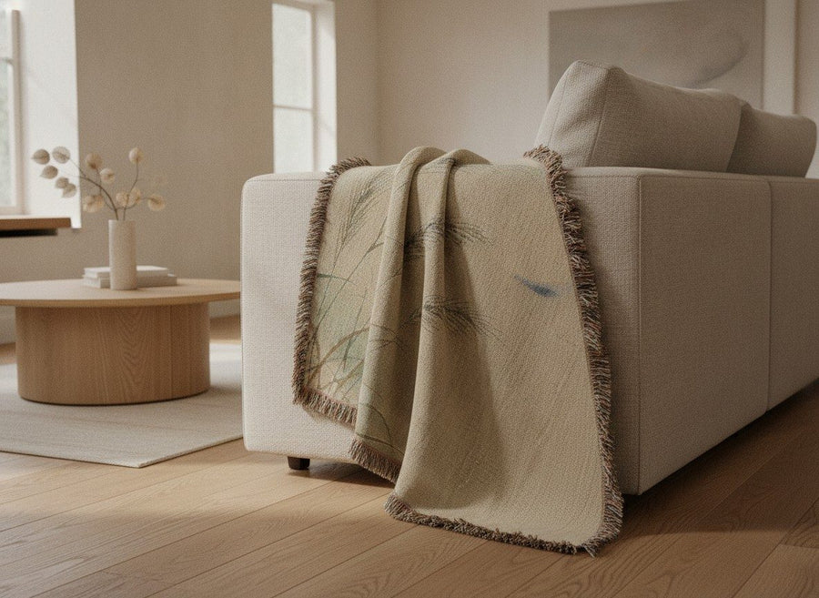 Susuki & Moon Woven Throw, Soft Sage — styled 1