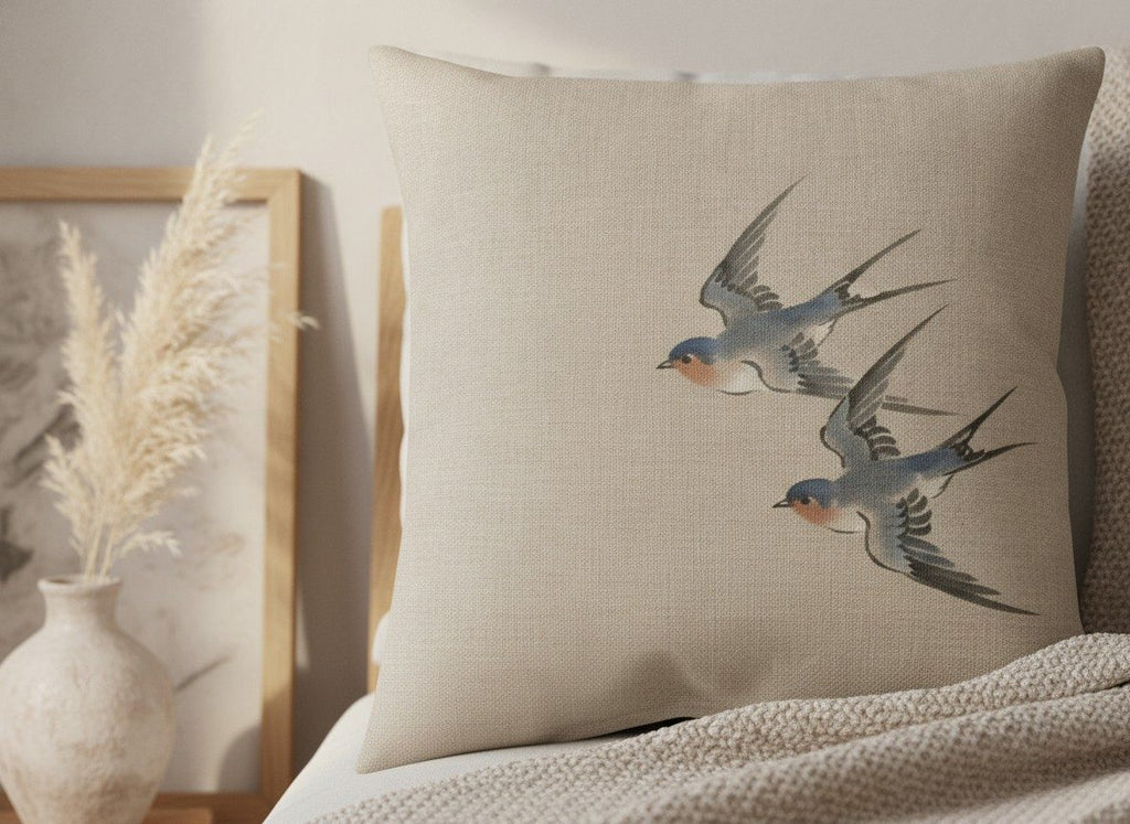 Swallows Cushion, Natural Linen — styled, 2