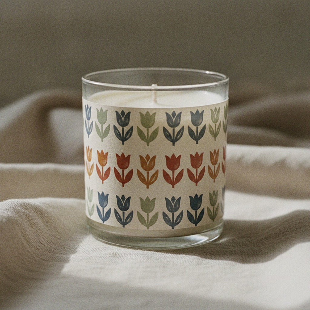 Tulip Market Scented Candle, Folk Tulip 11oz Glass Candle — styled 1