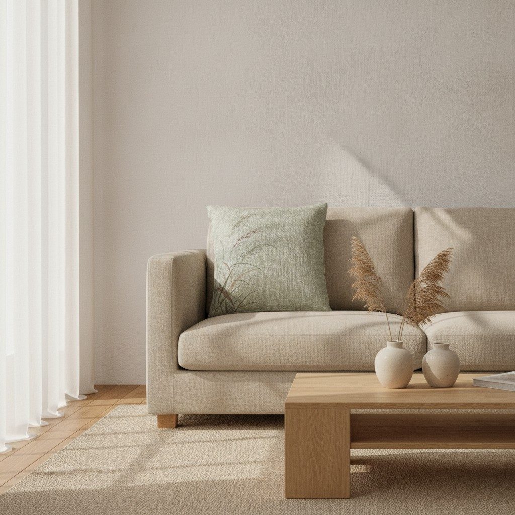 Wild Grasses Woven Cushion, Soft Sage — styled 1