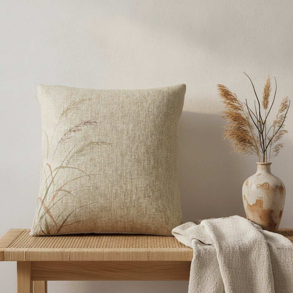 Wild Grasses Woven Cushion, Soft Sage — styled 2