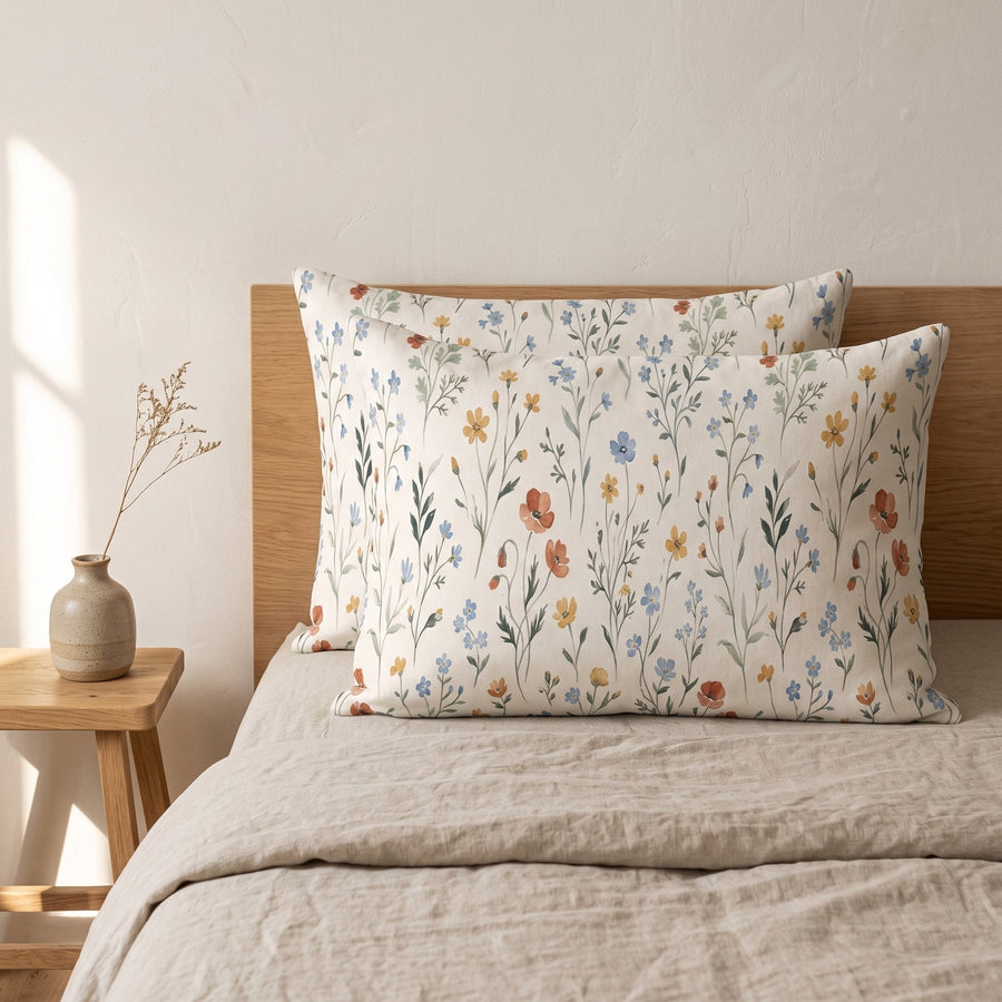 Wild Meadow Cotton Pillow Sham — Calm & Oak, styled in a Japandi room