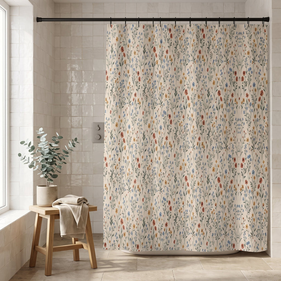 Wild Meadow Shower Curtain — Calm & Oak, styled in a Japandi room