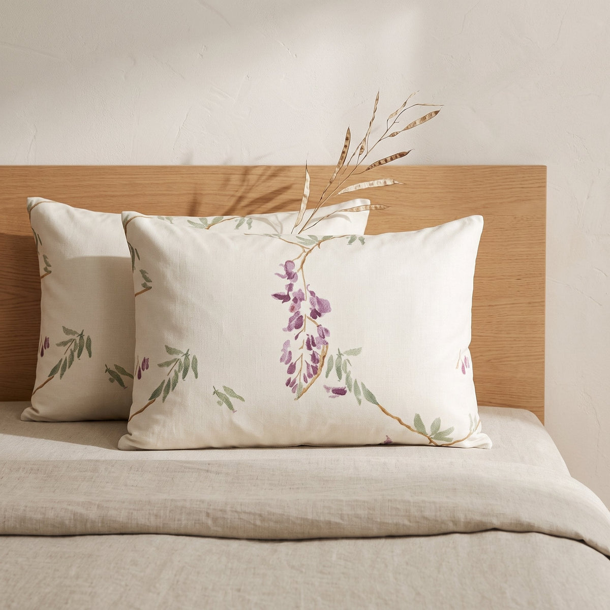 Wisteria Cotton Pillow Sham — Calm & Oak, styled in a Japandi room