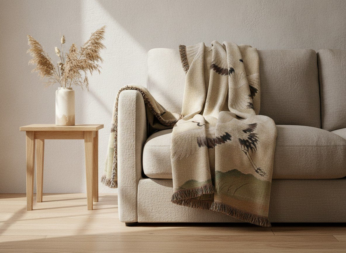 Crane throw draped over a sofa