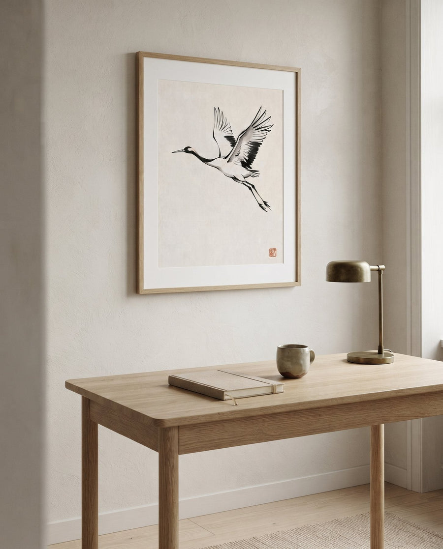 The Crane — Japandi print in a room, scene 1