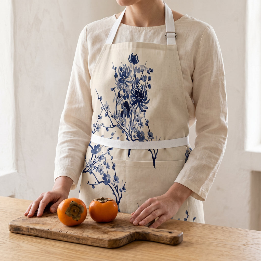 Indigo Bloom Apron in a Japandi room — Japandi Apron by Calm & Oak