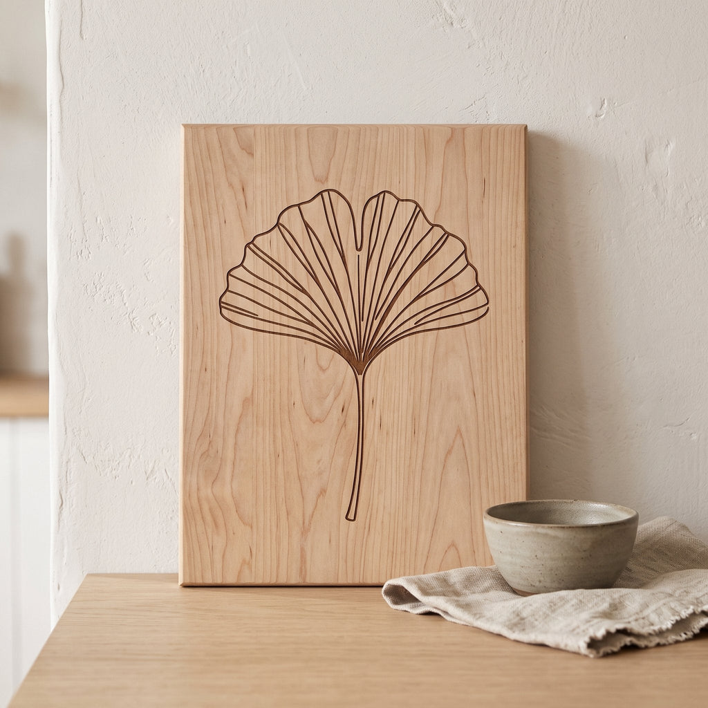 Ginkgo Engraved Wooden Board on a Japandi kitchen counter — Engraved Wooden Board by Calm & Oak