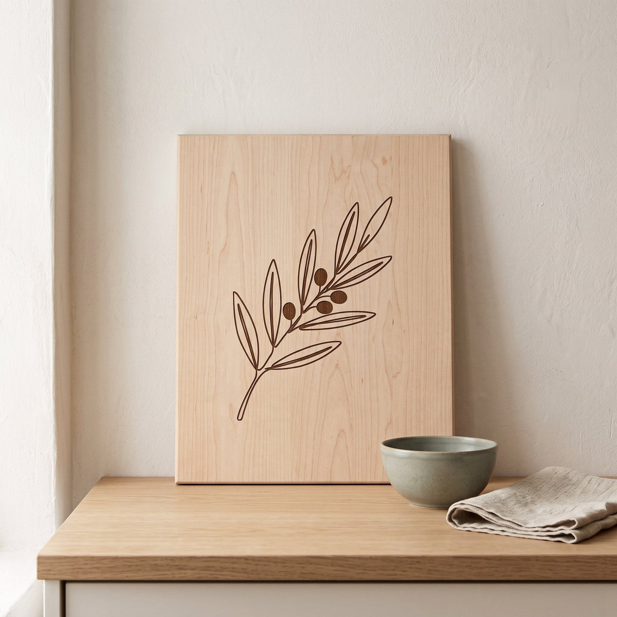 Olive Branch Engraved Wooden Board on a Japandi kitchen counter — Engraved Wooden Board by Calm & Oak