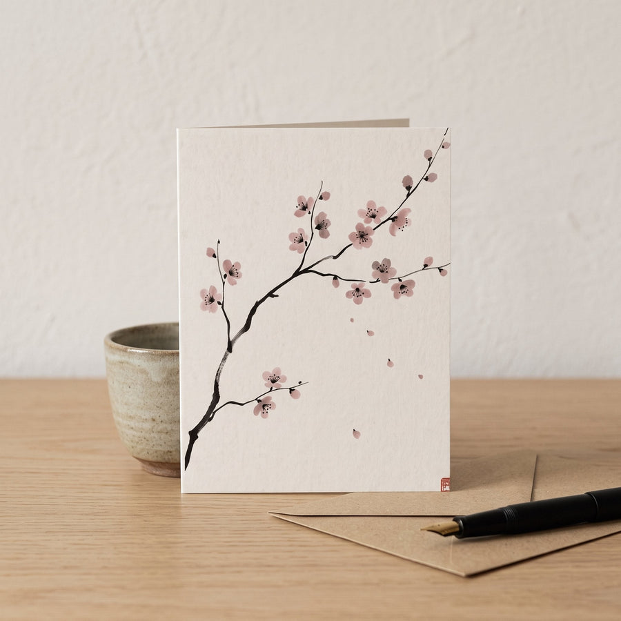 Cherry Branch Greeting Cards on a Japandi writing desk — Japandi Greeting Cards by Calm & Oak
