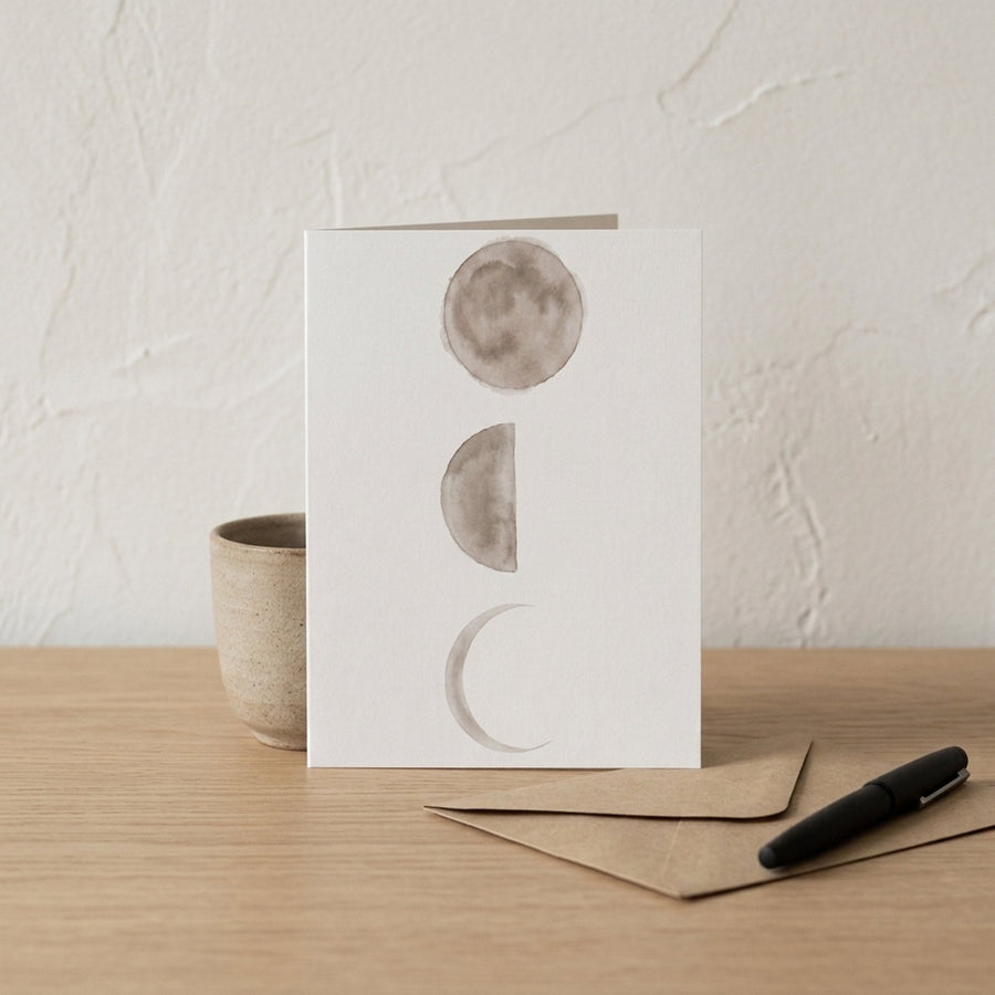 Moon Cycle Greeting Cards on a Japandi writing desk — Japandi Greeting Cards by Calm & Oak