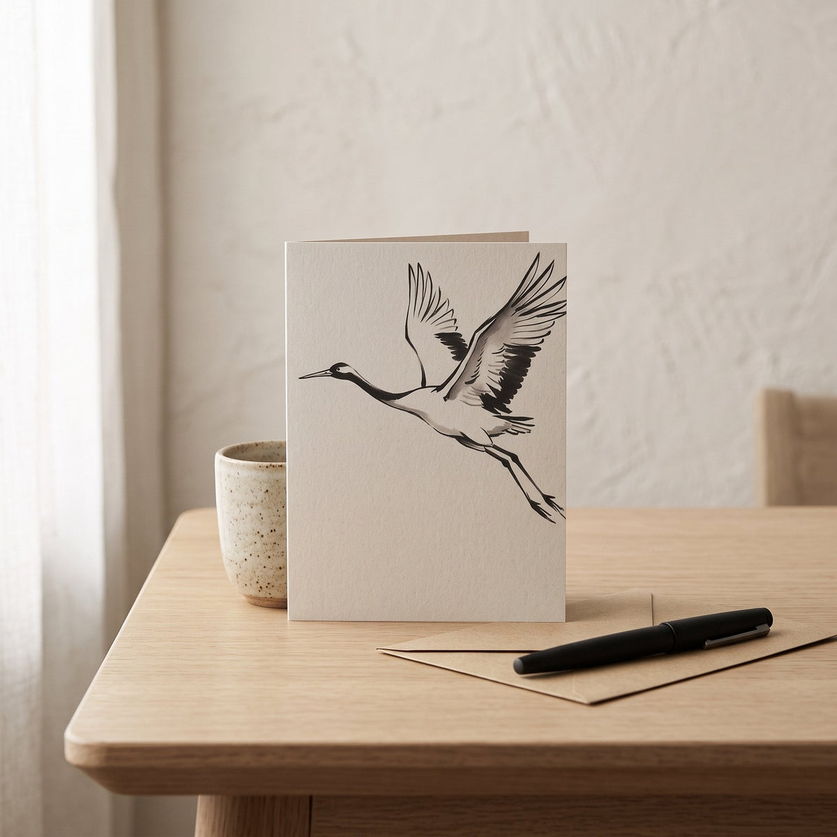 The Crane Greeting Cards on a Japandi writing desk — Japandi Greeting Cards by Calm & Oak