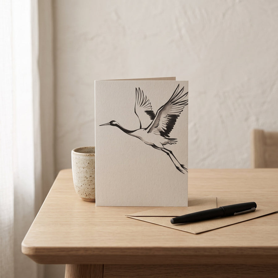 The Crane Greeting Cards on a Japandi writing desk — Japandi Greeting Cards by Calm & Oak