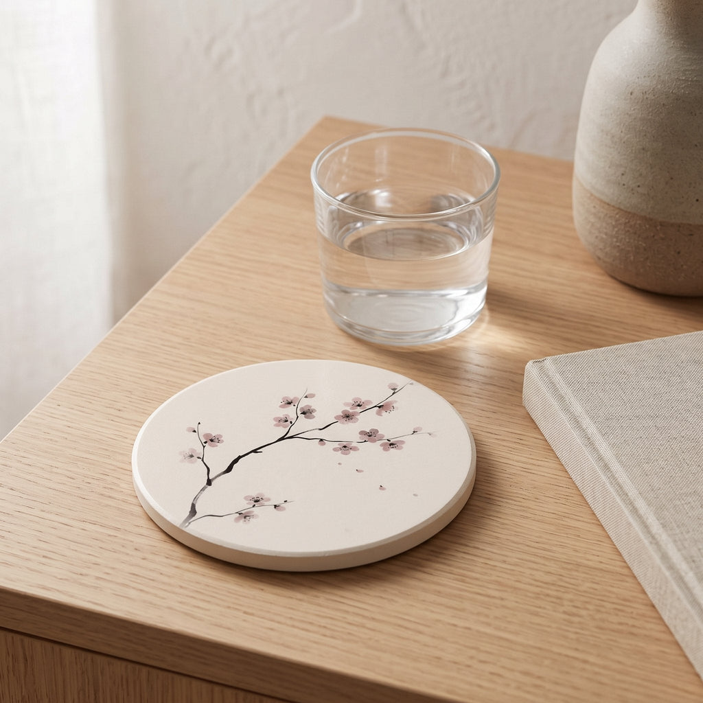 Cherry Branch Ceramic Coaster on a Japandi side table — Japandi Ceramic Coaster by Calm & Oak