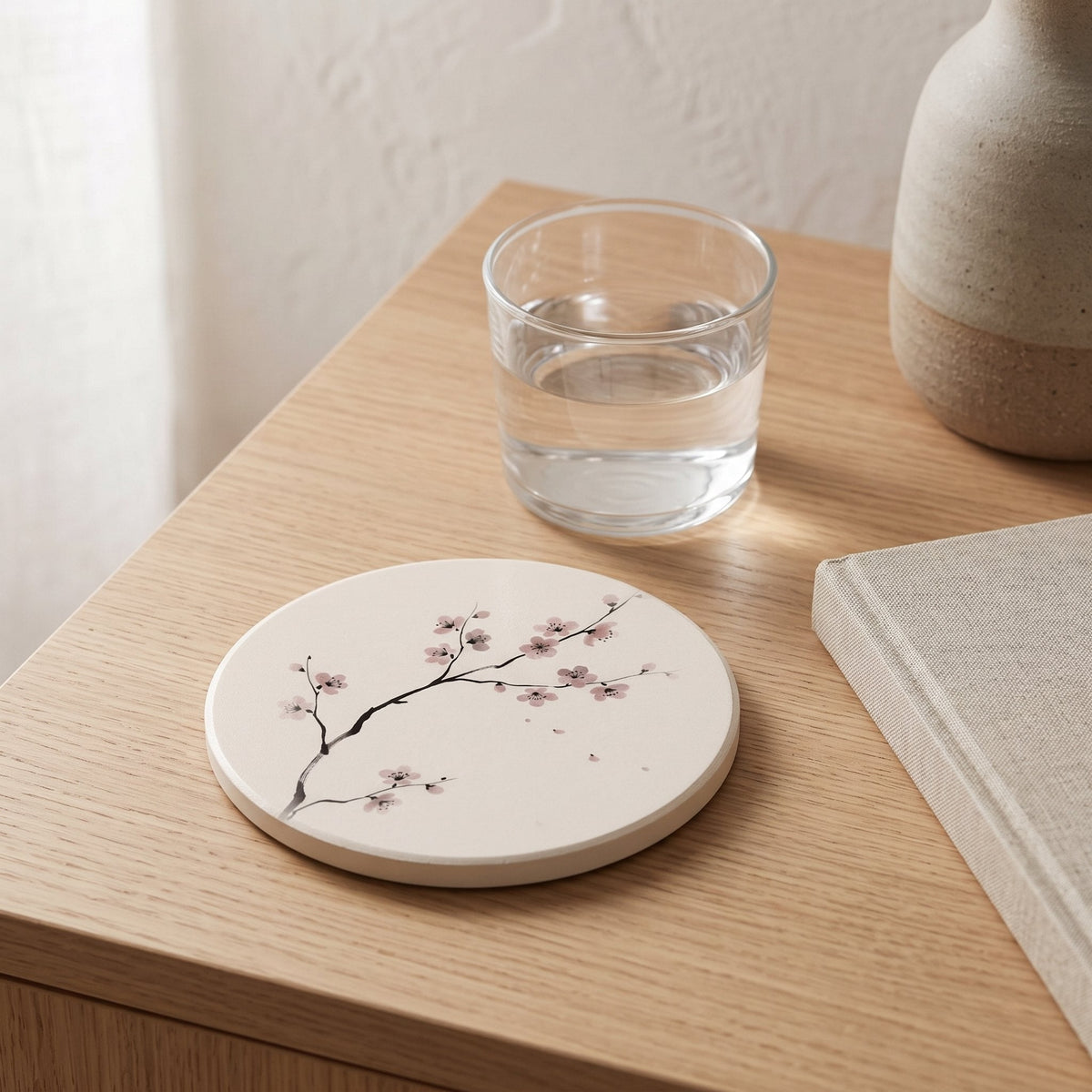 Cherry Branch Ceramic Coaster on a Japandi side table — Japandi Ceramic Coaster by Calm & Oak