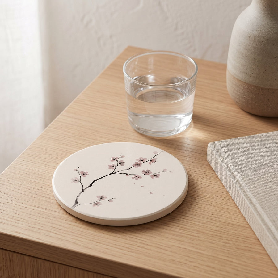Cherry Branch Ceramic Coaster on a Japandi side table — Japandi Ceramic Coaster by Calm & Oak