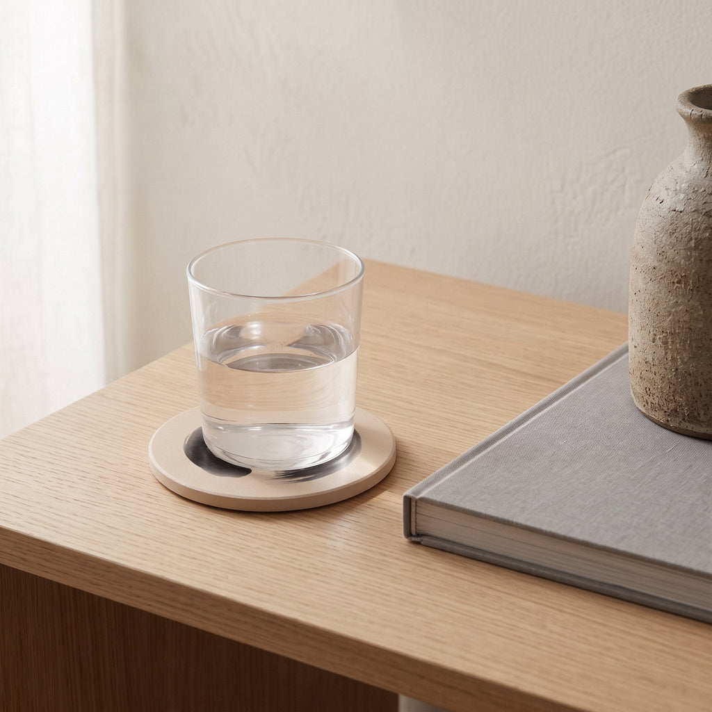 Ensō Ceramic Coaster on a Japandi side table — Japandi Ceramic Coaster by Calm & Oak