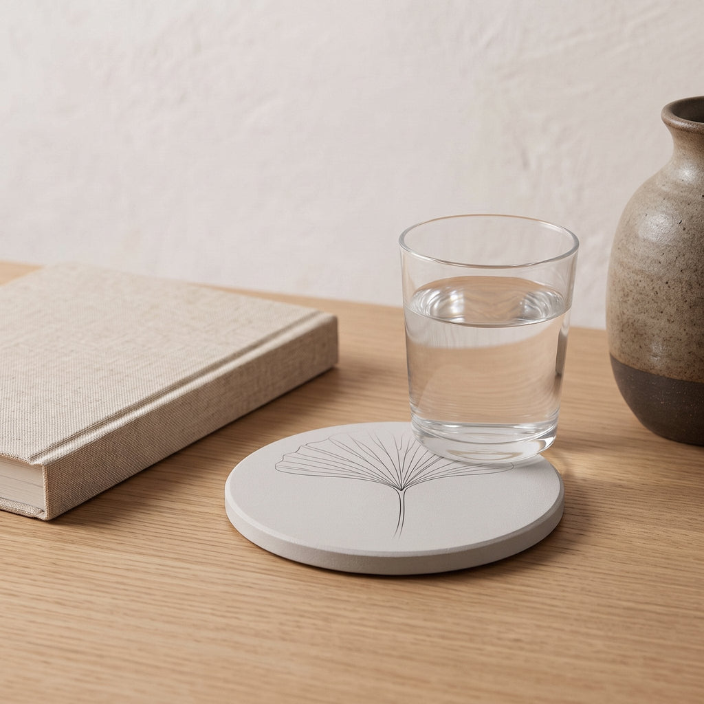 Ginkgo Ceramic Coaster on a Japandi side table — Japandi Ceramic Coaster by Calm & Oak