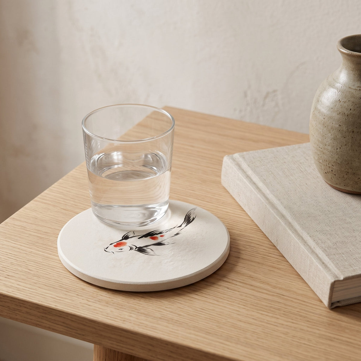 Koi Ceramic Coaster on a Japandi side table — Japandi Ceramic Coaster by Calm & Oak