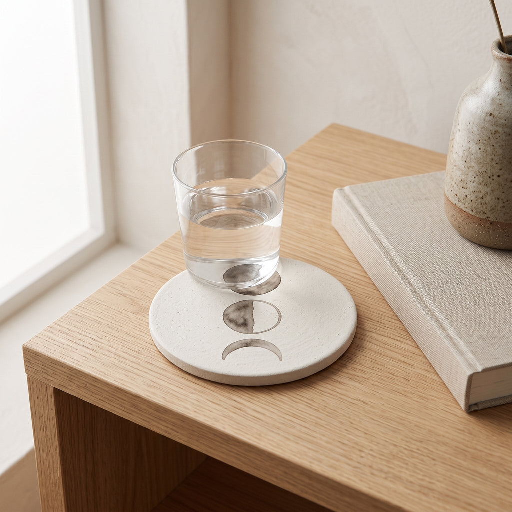 Moon Cycle Ceramic Coaster on a Japandi side table — Japandi Ceramic Coaster by Calm & Oak