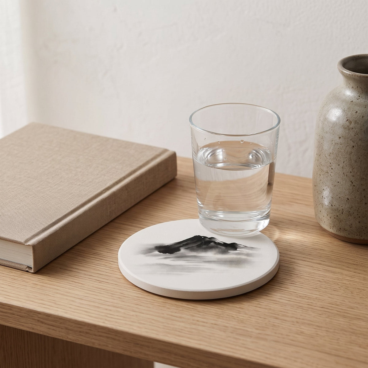 Mountain Mist Ceramic Coaster on a Japandi side table — Japandi Ceramic Coaster by Calm & Oak