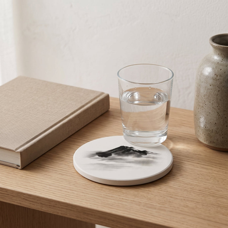 Mountain Mist Ceramic Coaster on a Japandi side table — Japandi Ceramic Coaster by Calm & Oak
