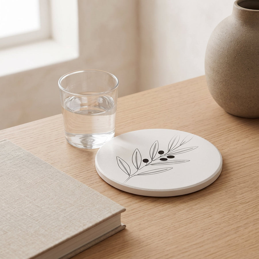 Olive Branch Ceramic Coaster on a Japandi side table — Japandi Ceramic Coaster by Calm & Oak