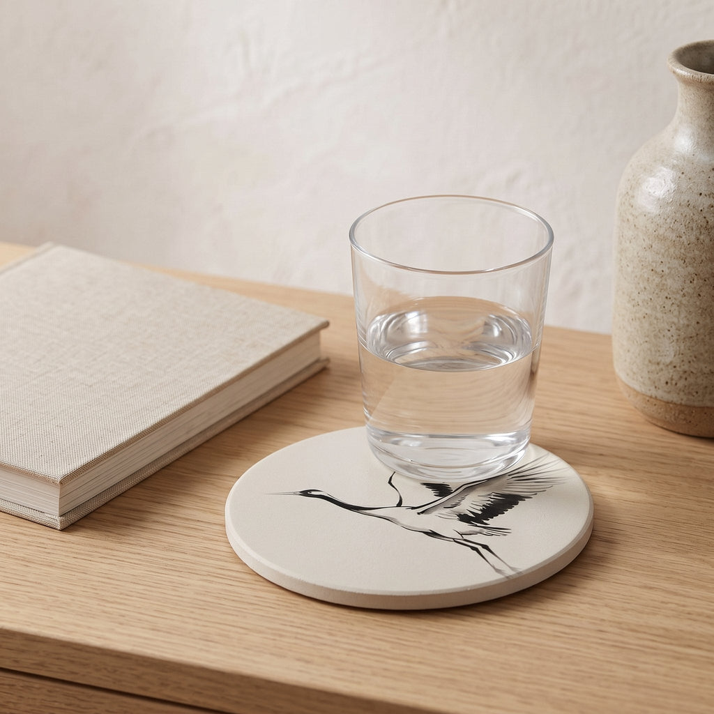 The Crane Ceramic Coaster on a Japandi side table — Japandi Ceramic Coaster by Calm & Oak