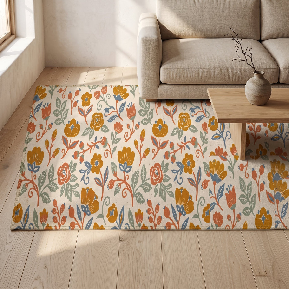 Nordic Folk Washable Chenille Rug in a Japandi room — Japandi Washable Rug by Calm & Oak