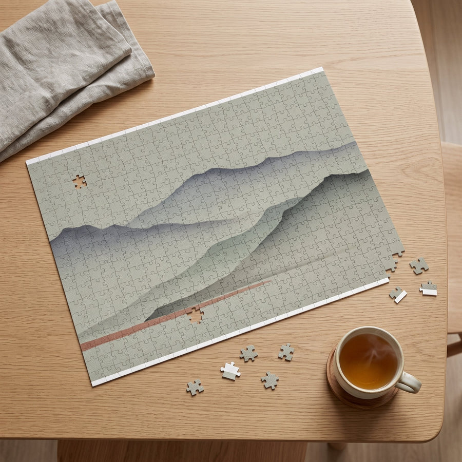 Misty Mountains Jigsaw Puzzle in a Japandi room — Japandi Jigsaw Puzzle by Calm & Oak