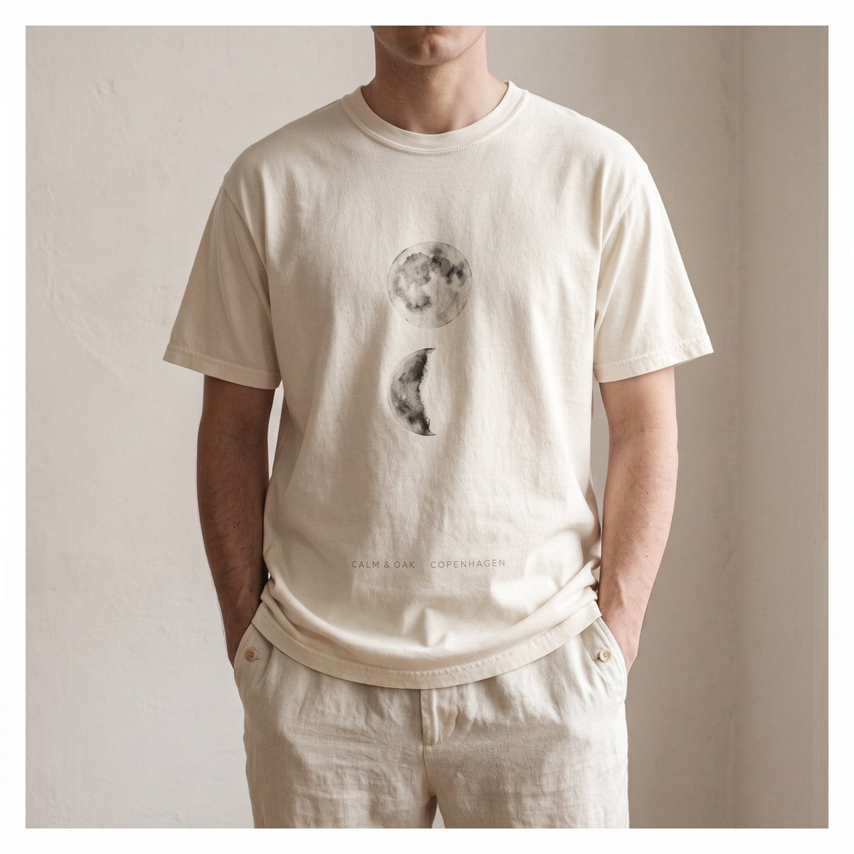 Moon Cycle Ink Tee in a Japandi room — Japandi Tee by Calm & Oak