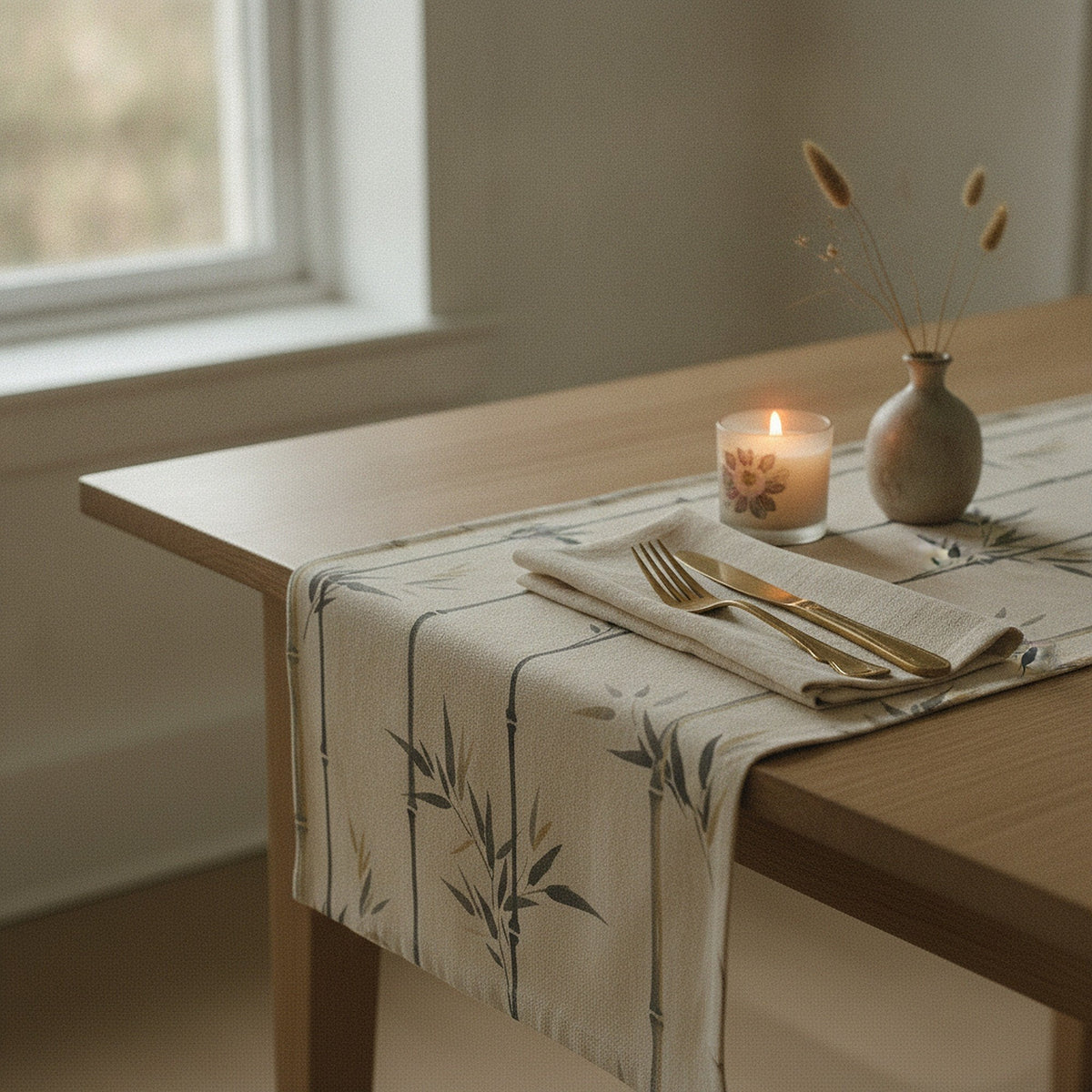 Sumi table runner and candle by a window