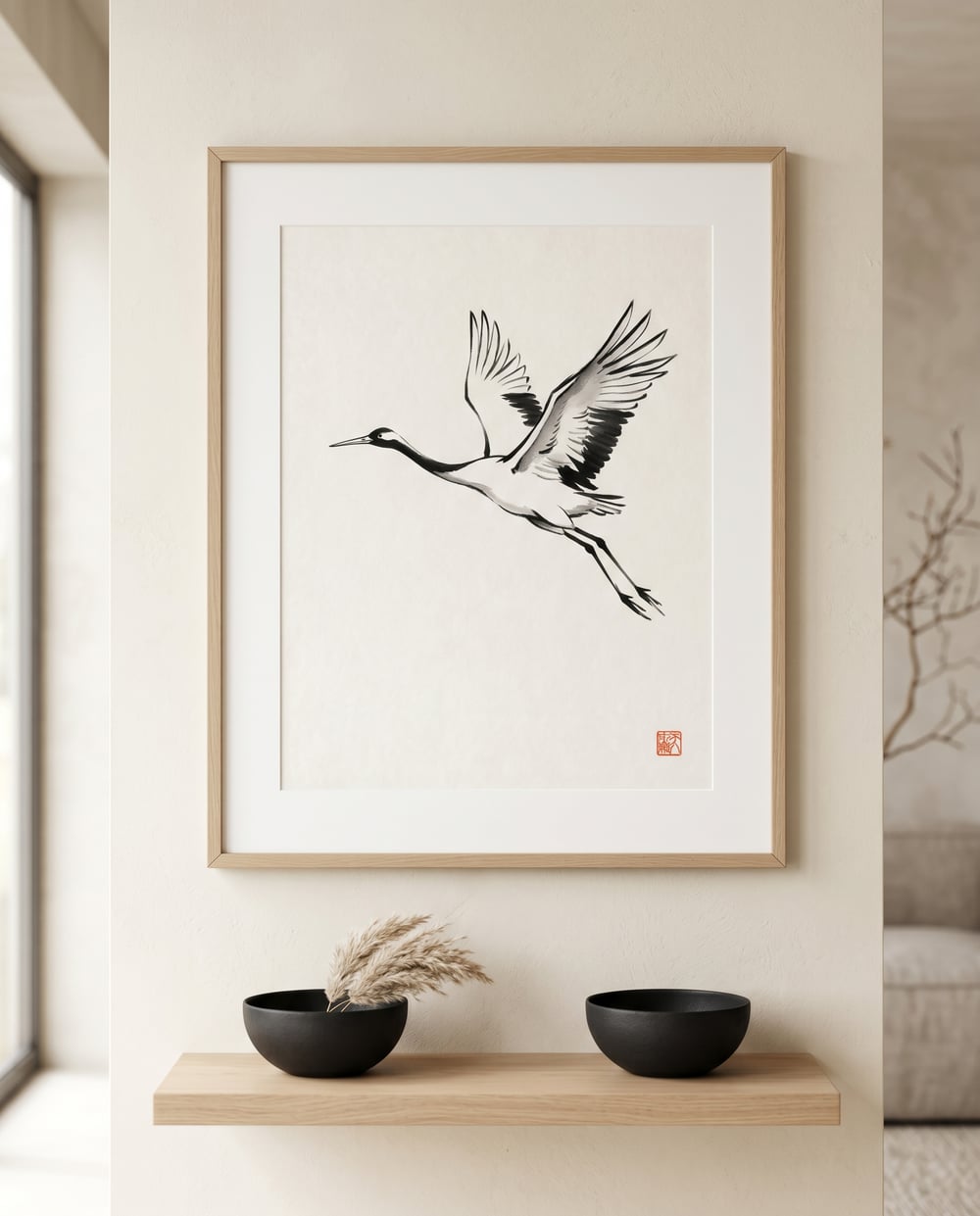 The Crane — Sumi-e Ink Japandi art print